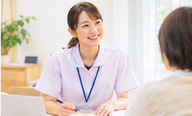 看護師がご利用者さまの話を笑顔で聞く様子